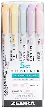 Zebra Pen Mildliner Double Ended Highlighter Set, Chisel and Bullet Point Tips, Assorted Gentle Ink Colors, 5-Pack (78705)