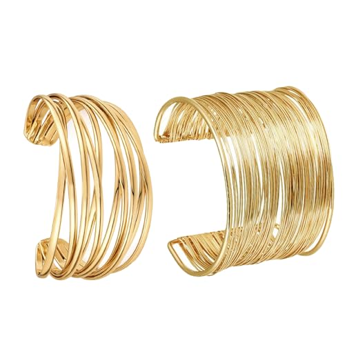 JENCVNL 2 Pièces Bracelet en or pour Femme, Bracelet Or Femme Bracelets de Manchette Large Bracelet Bangle réglables pour Femmes Bijoux (Bracelet Or#2)