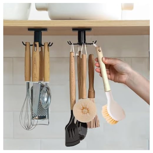 KAIOEYUH 2pcs Under Cabinet Kitchen Utensil Rack,360° Rotating Under Shelf Kitchen Utility Hooks,Adhesive Kitchen Utensil Tools Storage Holder,Black