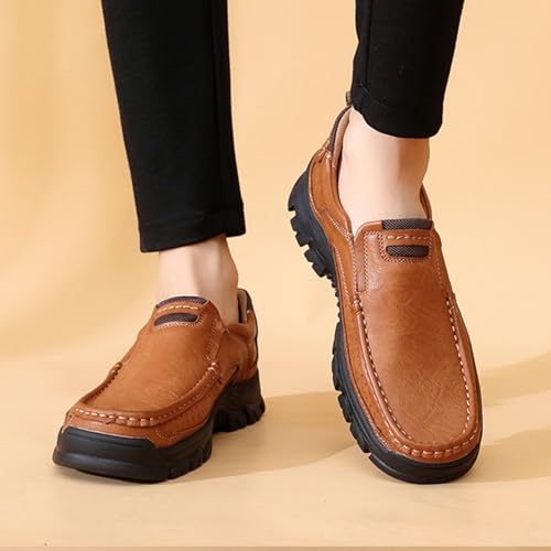 GEEZXWSL Men's Slip On Outdoor Arch Support Loafers,Comfort Hand-Stitching Leather Elastic Non-Slip Travel Hiking Casual Shoes (8,Yellow) by GEEZXWSL - Used condition - Image 2