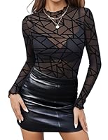 Zeagoo Damen Mesh Top Durchsichtiges Langarmshirt Sexy Netzshirt mit Blumenmuster für Party und Clubwear Geometrie Schwarz M