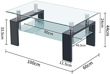 OFCASA 2 Tier Coffee Table with Glass Top Black Wood Legs Storage Shelves Side End Table for Home Living Room Sofa 100 x 60 x 45cm