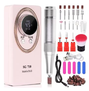 Máquina de taladro de uñas recargable de 45000 RPM con pantalla LCD, lima de uñas eléctrica portátil para acrílico, rosa