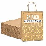 SEASONAL MOMENTS Kraft Paper Gift Bags with Handles- 8 x 4.3 x 10.5 Brown/Gold Hexagon Pattern Paper Gift Bag for Birthdays, Parties & Special Occasions- Reusable Gift Bags Everyone Will Love- 24 Pack