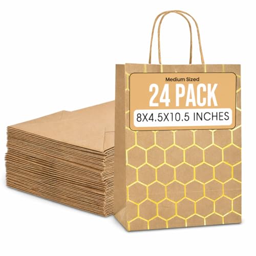 SEASONAL MOMENTS Kraft Paper Gift Bags with Handles- 8 x 4.3 x 10.5 Brown/Gold Hexagon Pattern Paper Gift Bag for Birthdays, Parties & Special Occasions- Reusable Gift Bags Everyone Will Love- 24 Pack