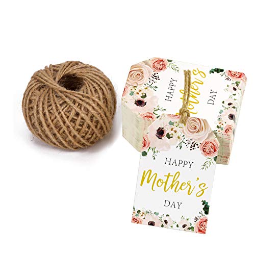 WRAPAHOLIC Gift Tags with String - 100PCS Happy Mother's Day Boho Floral Design Paper Tags with 100 Feet Natural Jute Twine for Mother' Day, Party Favors