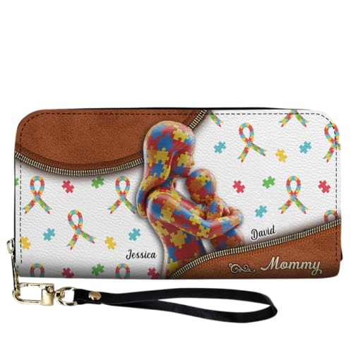 The Love Of The Mother - Personalized Autism Awareness Leather Long Wallet