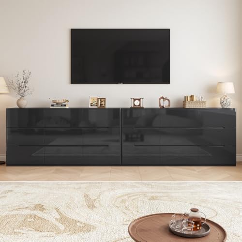 Image of Black Dresser for Bedroom, 60.2 inch Wide 9 Drawer Dresser, Modern High Gloss Dresser Chest of Drawers, Wooden Dressers Organizer for Bedroom, Closet