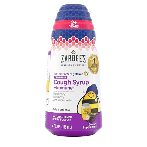Zarbee's Children's Nighttime Honey Cough Syrup + Immune for Kids 2+, Cough Syrup with Soothing Dark Honey, Real Elderberry, Vitamin D & Zinc, & Chamomile, Drug-Free, Mixed Berry, 4 fl. oz