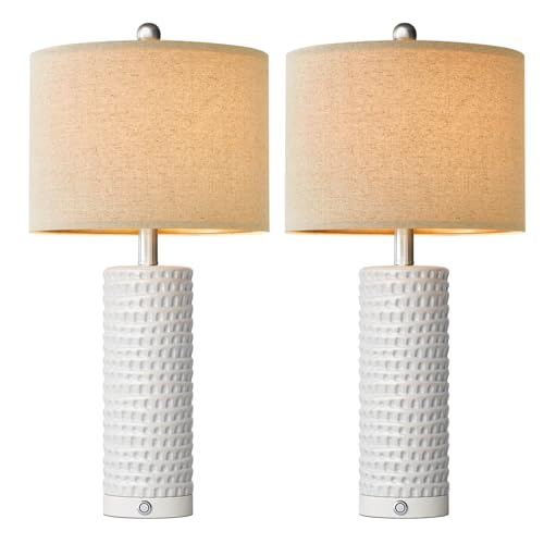 PORTRES 24" Modern Ceramic 3-Way Dimmable Touch Table Lamp Set of 2 for Bedroom White Farmhouse Bedside Lamps with USB A+C Charging Ports for Living Room Nightstand Lamp End Table Lamps
