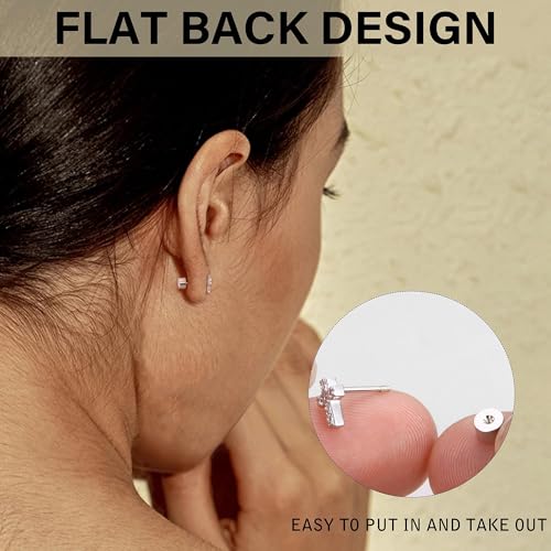 925 Sterling Silver Flat Back Studs Screw Back Earrings White Gold Plated CZ Heart Cross Lightning Snake Butterfly Tragus Helix Nap Flatback Stud Earrings Piercing Earring for Women4