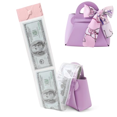 Vane Oak Money Pull Box for Cash Surprise Money Boxes with Ribbon Leather Mini Bags with 30 Pcs Transparent Bags for Birthday Party Christmas (Purple)