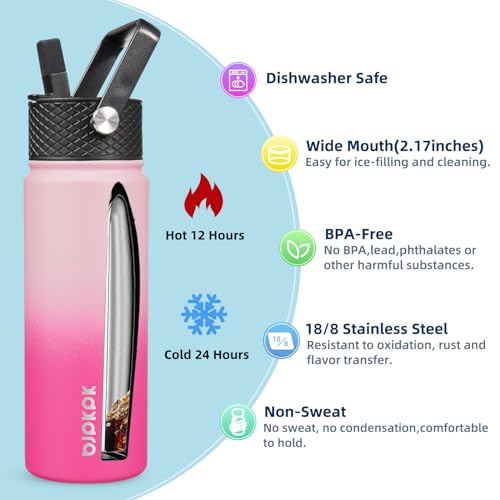 Image of BJPKPK 2 Pack 22oz Insulated Water Bottles with Straw Lids, Stainless Steel