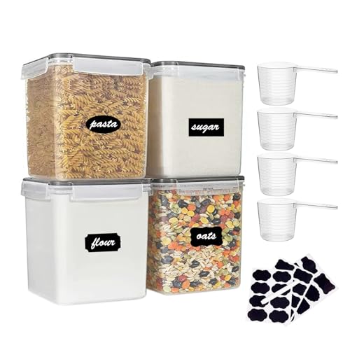 GUZHAIREN Set of 4 2.5L Flour Storage Containers Plastic Airtight Food Storage Containers with Lids Large Clip-Lock Kitchen Storage Containers for Cereal Rice Pasta Sugar BPA-Free Pantry Storage