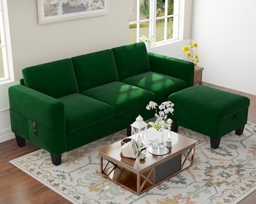 Image of SRMS Sectional Couches for Living Room 78 inch L Shaped Sofa with Storage Ottoman | Free 3 - Pillows | Sofa Set for living Room, Office | Modern Classic 3 Seater Sofa Set | Timeless Appeal | | Dark Green