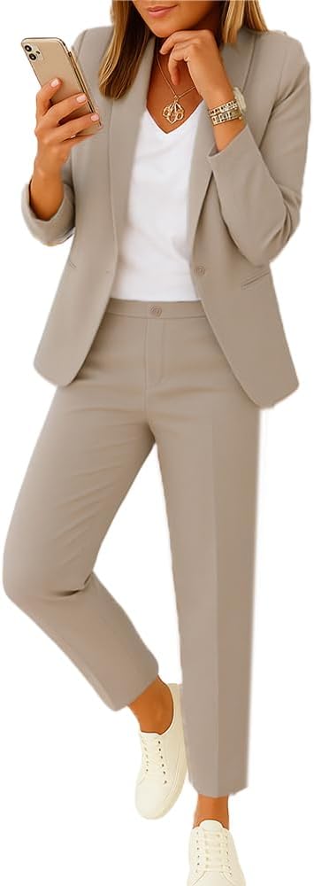 Pant Suits for Women Dressy 2025 Business Blazer and Elastic High Waist Straight Leg Pants Work 2 Piece Outfits