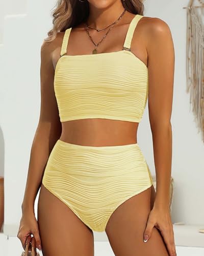 Image of High Waisted Bandeau Bikini Set - Women Strapless Two Piece Swimsuits Ribbed Longline Full Coverage Bathing Suits Swimwear
