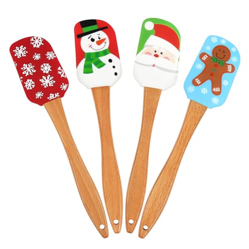 BOYAN Christmas Silicone Spatula, Set of 4, Christmas Spatulas with Wooden Handle for Baking, Kitchen Utensils Baking Supplies for Cooking, Gifts and Decoration
