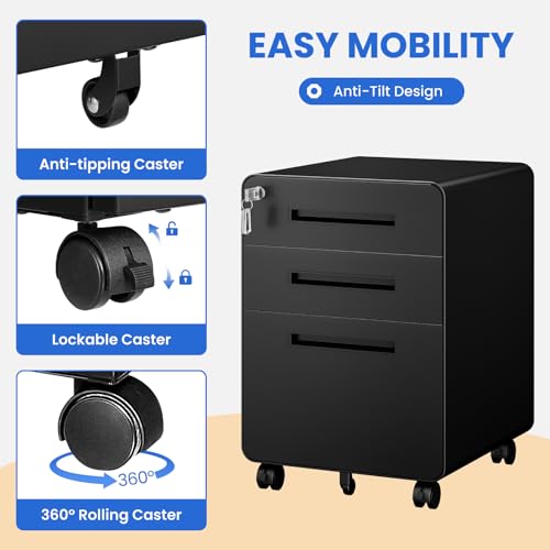 Image of MIIIKO Mobile Filing Cabinet 3 Drawer, Rolling Small File Cabinet with Keys Under Desk, Modern Black Filing Cabinets for Home Office with Anti-tilt Wheels, A4 /Letter /Legal Hanging File Drawers