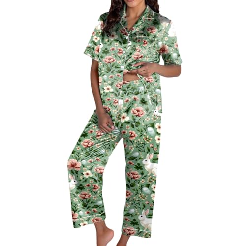 Pijama para mujer divertido de Pascua estampado conjunto de pijama manga corta cuello solapa con botones camisa y pantalones de dormir ropa de dormir de dos piezas ropa de dormir de verano ropa de
