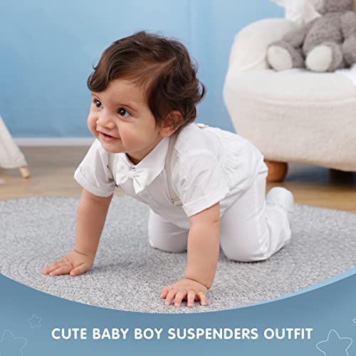 Image of Booulfi Baptism Christening Outfits for Baby Boy Outfits,NB- 5t Boy Clothes | 4 Piece Button Down White Shirt Bow Tie Photography Suspenders Baptism Outfits for Boys,Newborn 5t Boys Clothes Summer