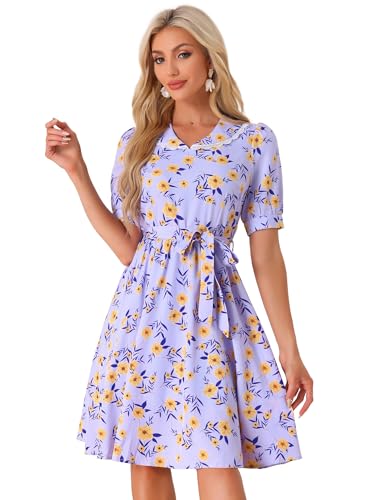 Image of Allegra K Women's Vintage Peter Pan Collar High Waist Flowy Midi Puff Sleeve Floral Dress
