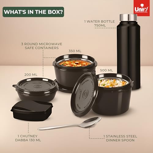 Image of Unify MealMate Lunch Box with 3 Microwave Safe Inner Steel Containers (500ml, 350ml, 200ml), 130ml Plastic Chutney Dabba, Water Bottle 750ml & Spoon | Office Tiffin with Insulated Bag, Black