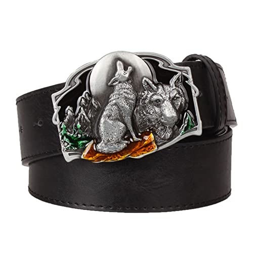 RGWYGCG Belt Men,Leather Cowboy Western Casual Belt Wolf Pattern Alloy Buckle European American Hip-Hop,Black c,115CM/45.3''