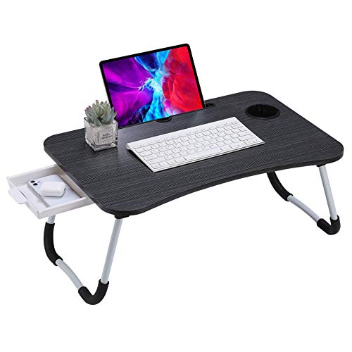 Laptop Desk, Foldable Lap Bed Table with Book Stand, Drawer Storage and Cup Holder for Working Eating on Bed, Sofa and Couch (Black)
