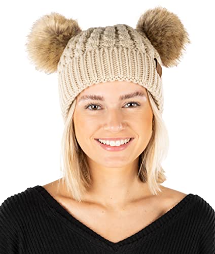 Funky Junque Beanie with 2 Pom Poms for Women, Warm Knit Hat with Faux Fur Puff Balls - Beige/Natural Faux Fur