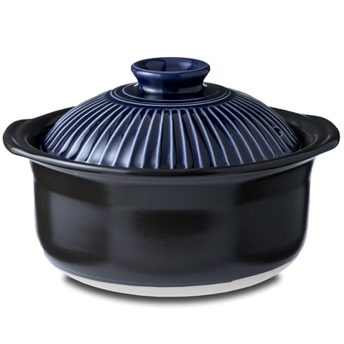 Ginpo Chrysanthemum Flower Rice Pot Double Lid Earthenware Compatible with Direct Fire Lapis Glaze Blue Made in Japan