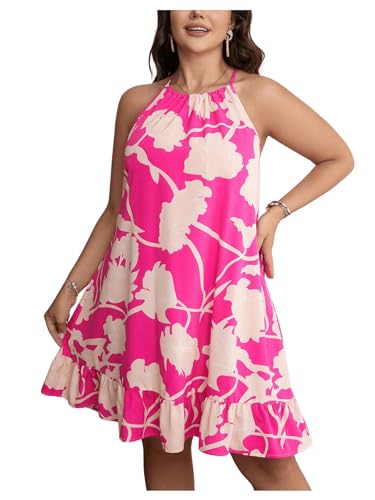 Image of Floerns Women's Plus Size Sleeveless Floral Print Halter Neck Cami Summer Dress Hot Pink 2XL
