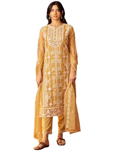 Image of INDO ERA Womens's Organza Floral Straight Fit Calf Length Kurta with Pant & Dupatta Set (IESTR10679)