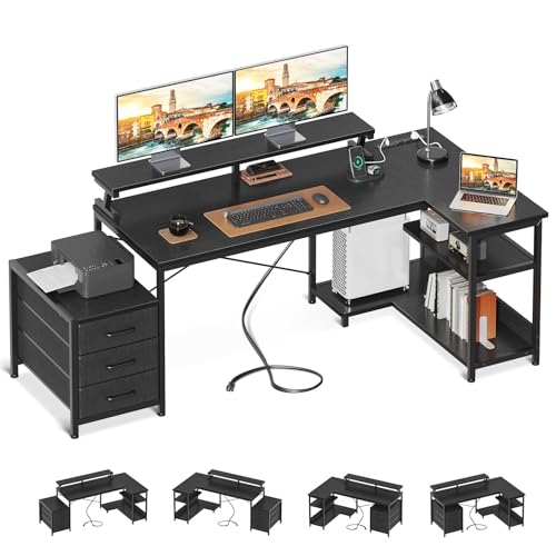 パソコンデスク 引き出し3杯付き ゲーミングデスク コンセント付き l字デスク デスク 机 幅184/146*80 pcデスク 棚付き 収納 オフィスデスク 在宅勤務 仕事用 組立簡単 ブラック