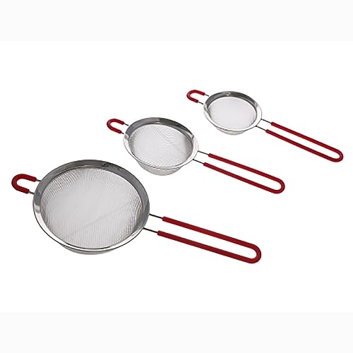 3 coladores de malla fina, coladores de alimentos de doble malla de acero inoxidable con mango largo y lazo para colgar, ideal para pasta, arroz, té, espaguetis, quinua, horneado