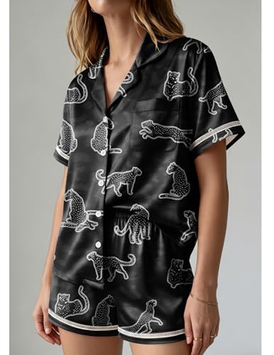 Image of Ekouaer Womens Silk Pajama Sets Button Up Satin Pjs Short Sleeve 2 Piece Pj Sets Cute Lounge Sets with Chest Pocket