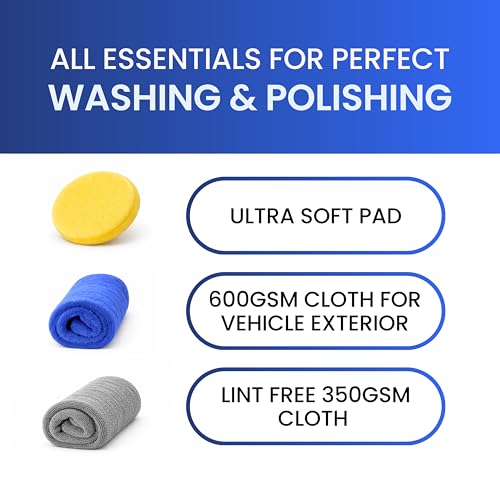 Image of GROOMMM Shampoo, Windshield Washer, Tyre & Trim Gel, Car &Bike Polish, Dashboard Polish Car Care Kit(100ml x5)|Car Polish Sponge & Microfiber Cloth (300 /600GSM)|Interior & Exterior Car Cleaning Kit