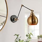 GEPOW Black Gold Swing Arm Wall Sconce, Modern Plug-in or Hardwired Sconces Lighting, Adjustable Wall Mounted Lamp with On/Off Switch for Bedroom, Kitchen, Living Room and Bathroom