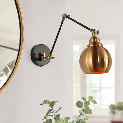 Image of Black Gold Swing Arm Wall Sconce, Modern Plug-in or Hardwired Sconces Lighting, Adjustable Wall Mounted Lamp with On /Off Switch for Bedroom, Kitchen, Living Room and Bathroom