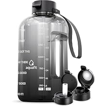 AQUAFIT Half Gallon Water Bottle with Time Marker - Straw & Chug Lid - BPA Free Gym Water Bottle with Straw - Big Gallon Jug Midnight Gray, 64 oz - 2 Lids
