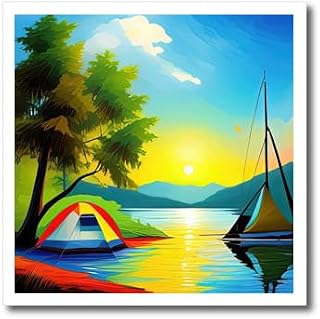 3dRose Colorful Tent, Green Tree, Boat in The Lake, Summer Sunset Gift 8x8 Iron on Heat Transfer for White Material