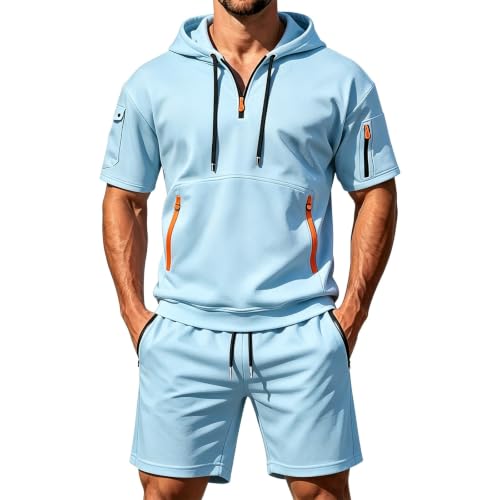 Ensemble sweat à capuche et short homme avec poche zippée tenue sport et décontractée