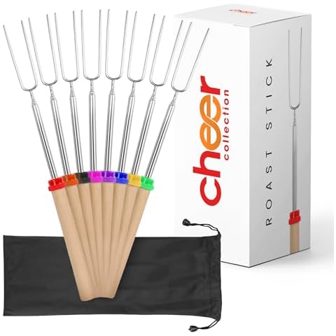 Cheer Collection Marshmallow Roasting Sticks - Set of 8 Extendable Smores Sticks and BBQ Forks - Telscoping Hot Dog Skewers with Storage Bag Cover