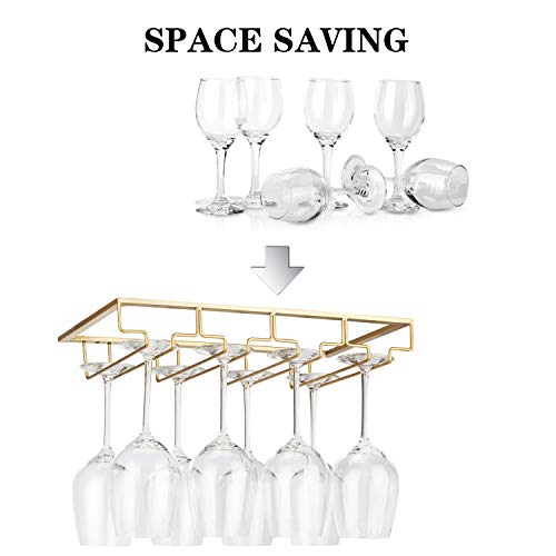 Fomansh Wine Glass Rack Under Cabinet - Stemware Holder Metal Wine Glass Organizer Glasses Storage Hanger For Bar Kitchen Gold 4 Rows #TOP1
