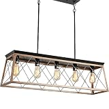 Lámpara De Araña Rectangular Para Comedor, 5 Luces Lineales 96cm, Lámpara Colgante Isla Cocina, Lámpara De Araña Con Acabado De Grano De Madera Y Metal, Mesa Billar Beige E27 (Bombillas No Incluidas)