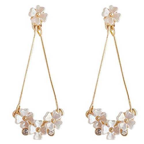 Miyabi Grace Women's Elegant White Flower Dangle Invisible Clip On Earrings Comfortable Non Pierced Earrings Gold Tone Pierced Look