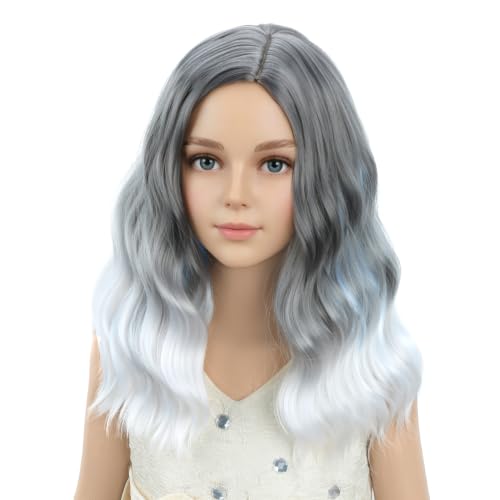 Image of PATTNIUM Gray Ombre White Short Curly Wavy Wigs for Girls Kids | Grey Side Part Shoulder Length Wig Halloween Cosplay Costume Party Wigs