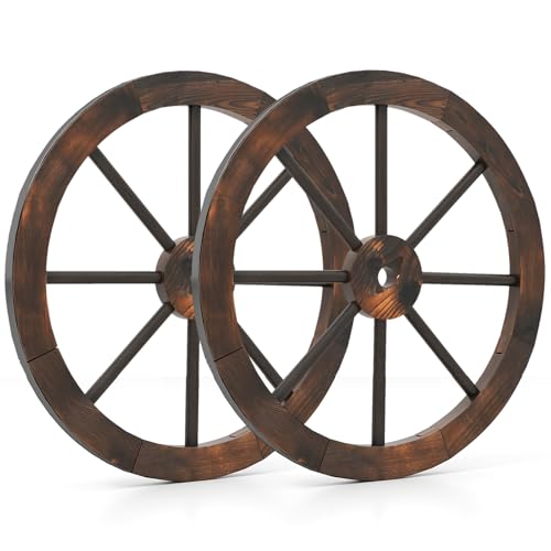 Giantex 24-Inch Wagon Wheels 2 Pieces Carbonized Solid Fir Wood Old Western Style Wall Art Garden Decor Decorative Rustic Wood Wheels for Yard Garage Bar Farmhouse Outdoor