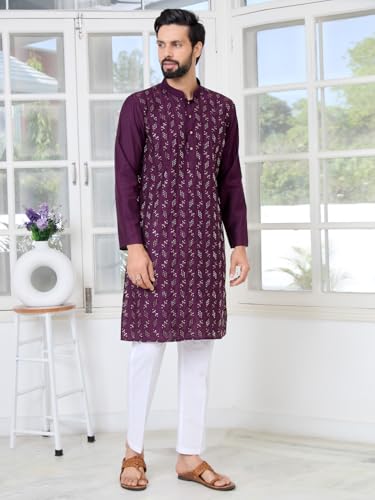Image of See Designs Men's Full Sleeve Mandarin Collar Ethnic Motifs Embroidered Sequinned Mandarin Collar Straight Long Kurta with Pyjama - Festive Collection