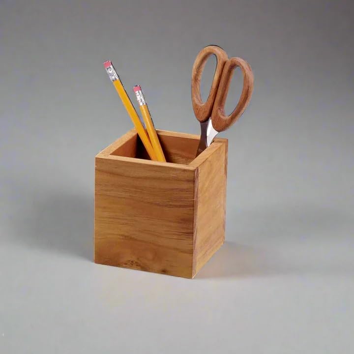 Image of Solid Wood Pen Holder for Office Table | Acacia Wood Desk Organizer | Multipurpose Stationery Holder | Natural Finish | 4'' H x 3.5'' W x 3.5'' D